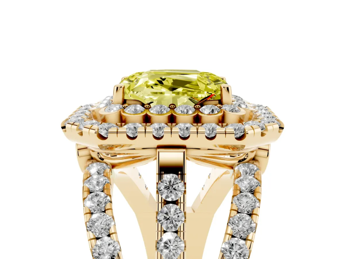 Fancy Yellow Emerald Cut Diamond Double Halo Ring with Round Pavé Split Shank and Prong Setting Yellow gold