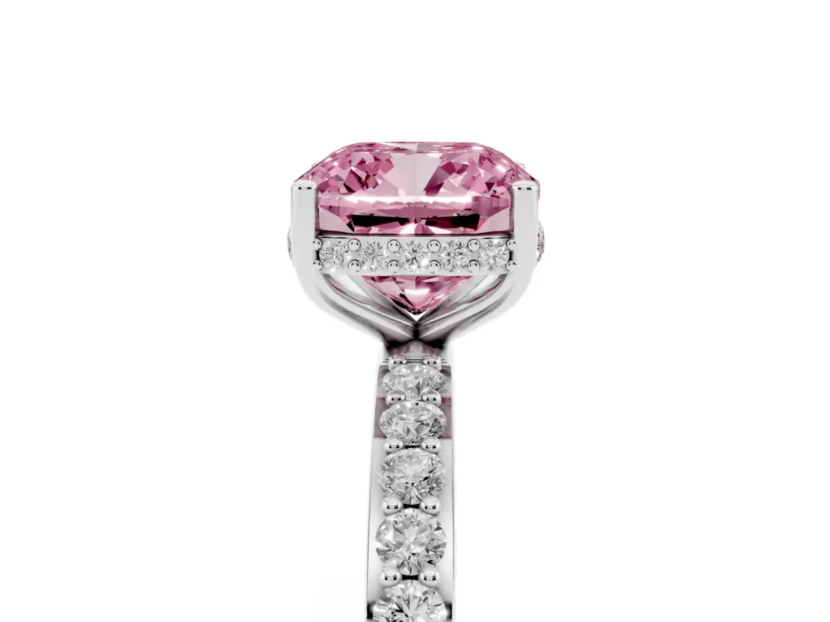 Fancy Pink Cushion Cut Diamond Solitaire Ring with Pavé Band and Hidden Halo White gold