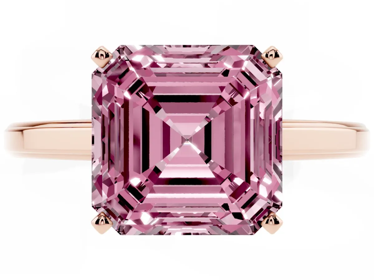 Fancy Pink Asscher Cut Solitaire Diamond Ring with Four-Prong Setting and Classic Band Rose gold
