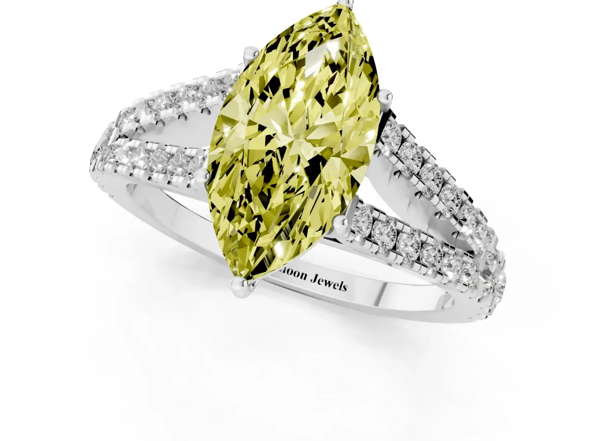 Fancy Yellow Marquise Cut Diamond Split Shank Pavé Engagement Ring with Four-Prong Setting Platinum