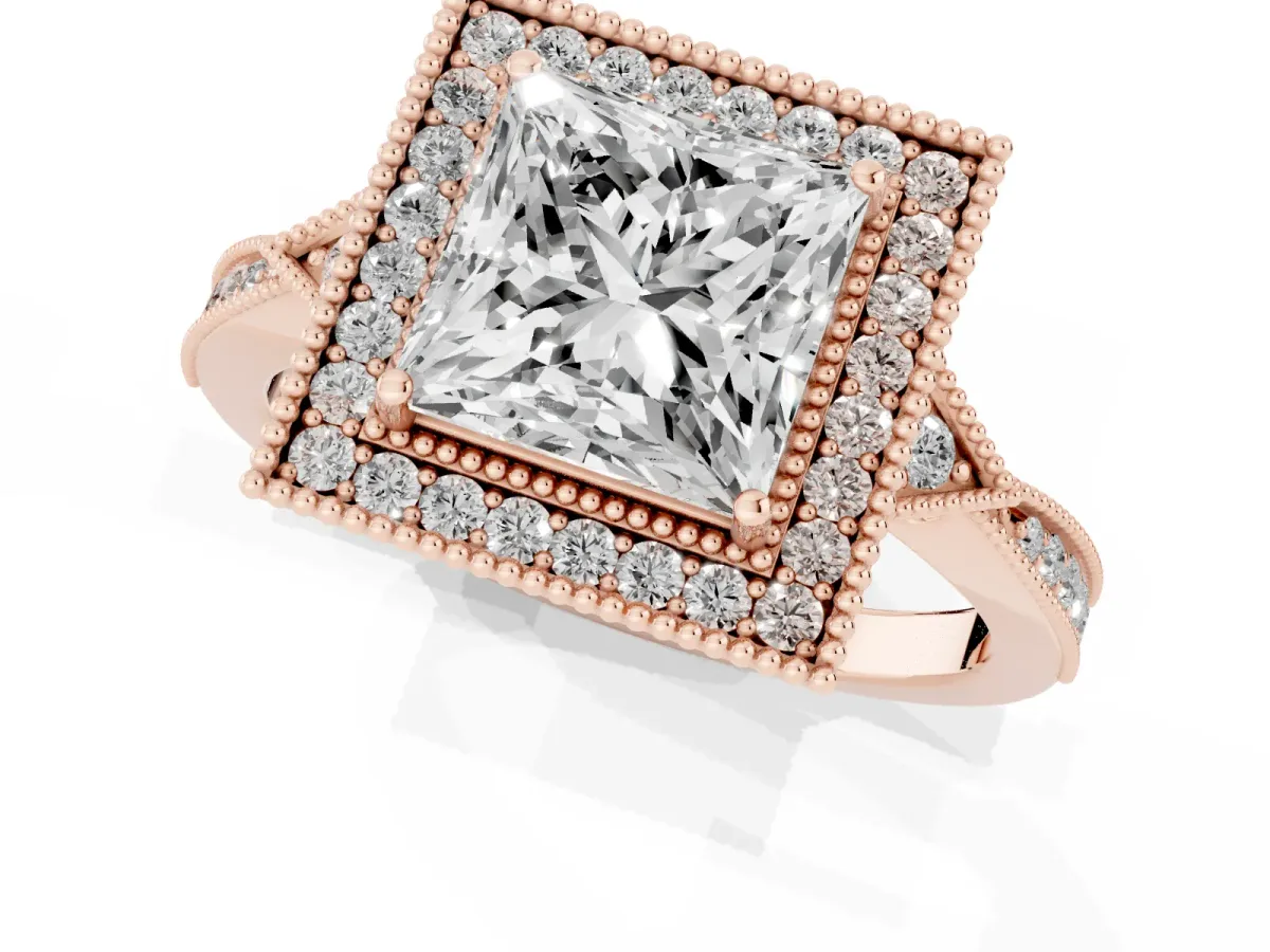 Princess Cut Halo Round Diamond Milgrain Pave Engagement Ring Rose gold