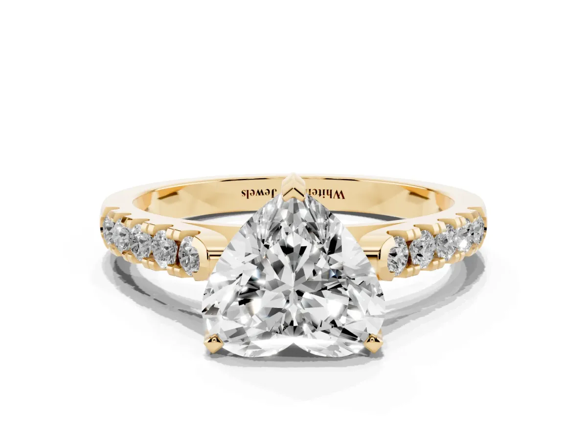 Heart Cut Diamond Pavé Band Solitaire Ring with Prong Setting Yellow gold