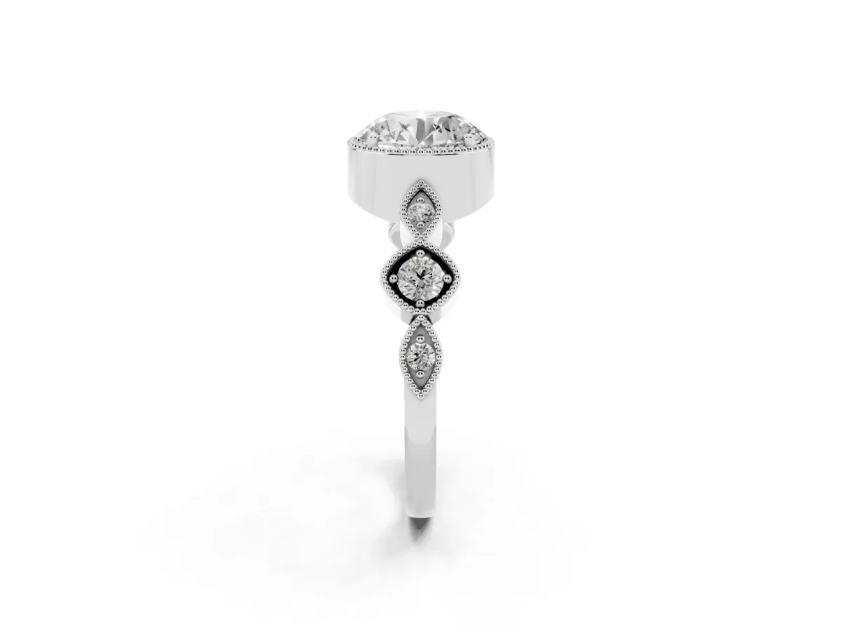 Round Cut Diamond Vintage Milgrain Ring with Round Stations Platinum