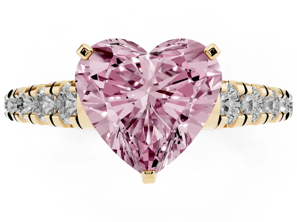 Fancy Pink Heart Cut Diamond Cathedral Solitaire Ring with Round Pavé Band Yellow gold