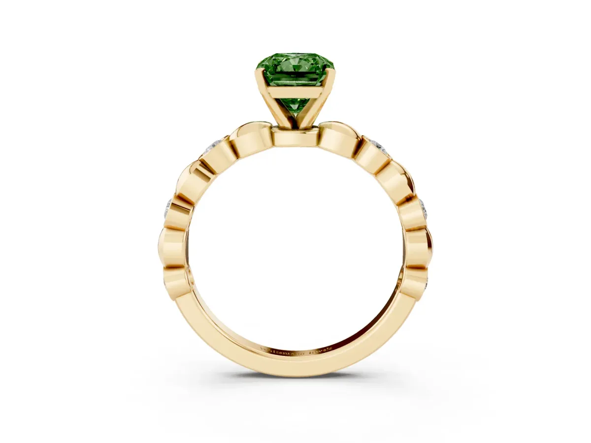 Fancy Green Radiant Cut Solitaire Bezel-Set Diamond Ring with Beaded Band and Four-Prong Setting Yellow gold