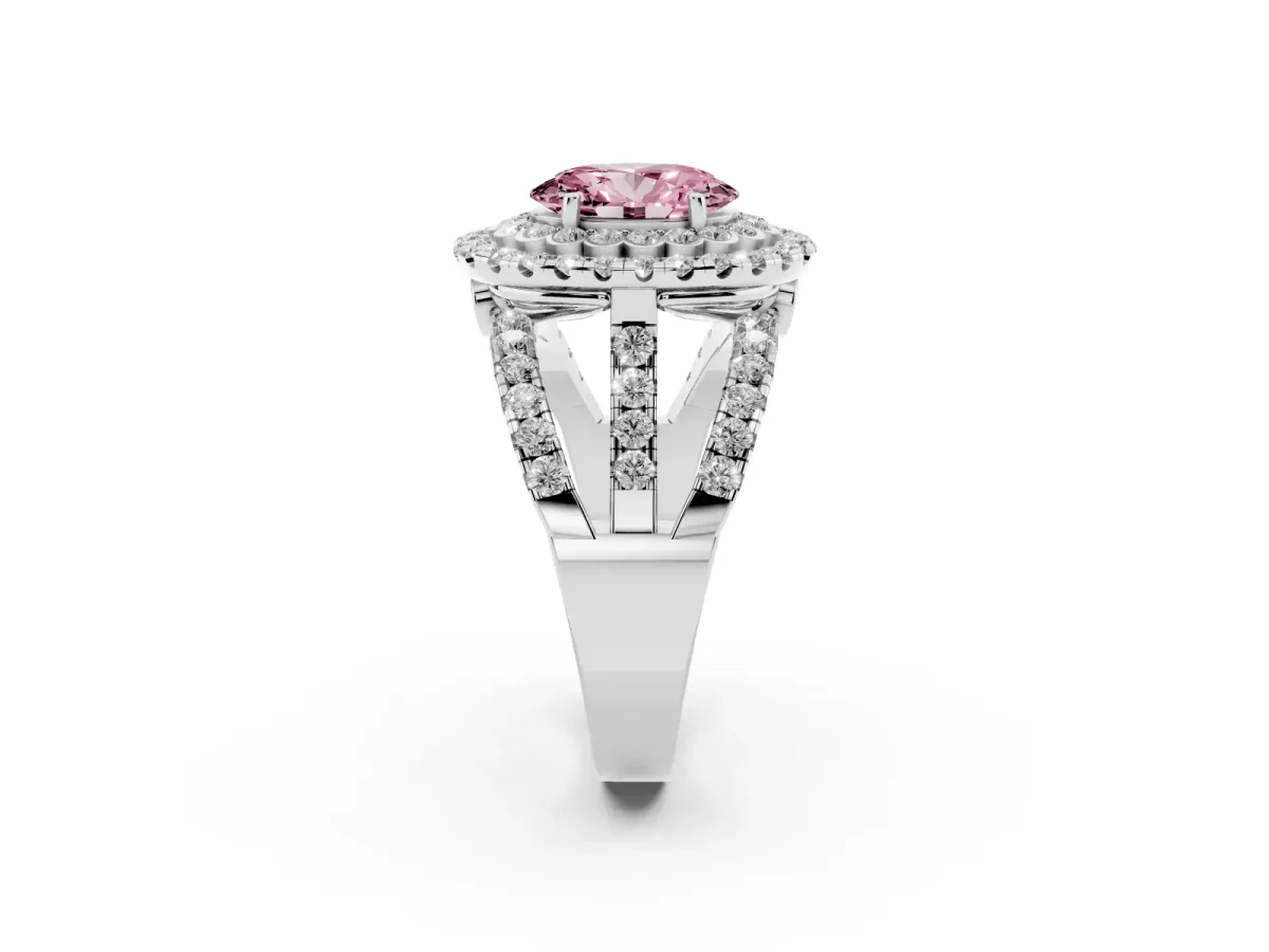 Fancy Pink Oval Cut Diamond Double Halo Ring with Round Pavé Split Shank and Prong Setting Silver