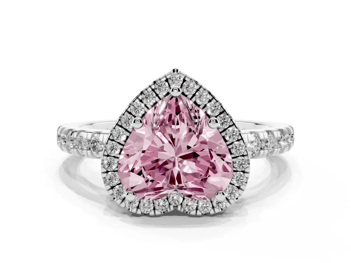 Fancy Pink Heart Cut Diamond Halo Ring with Pavé Band and Four-Prong Setting White gold
