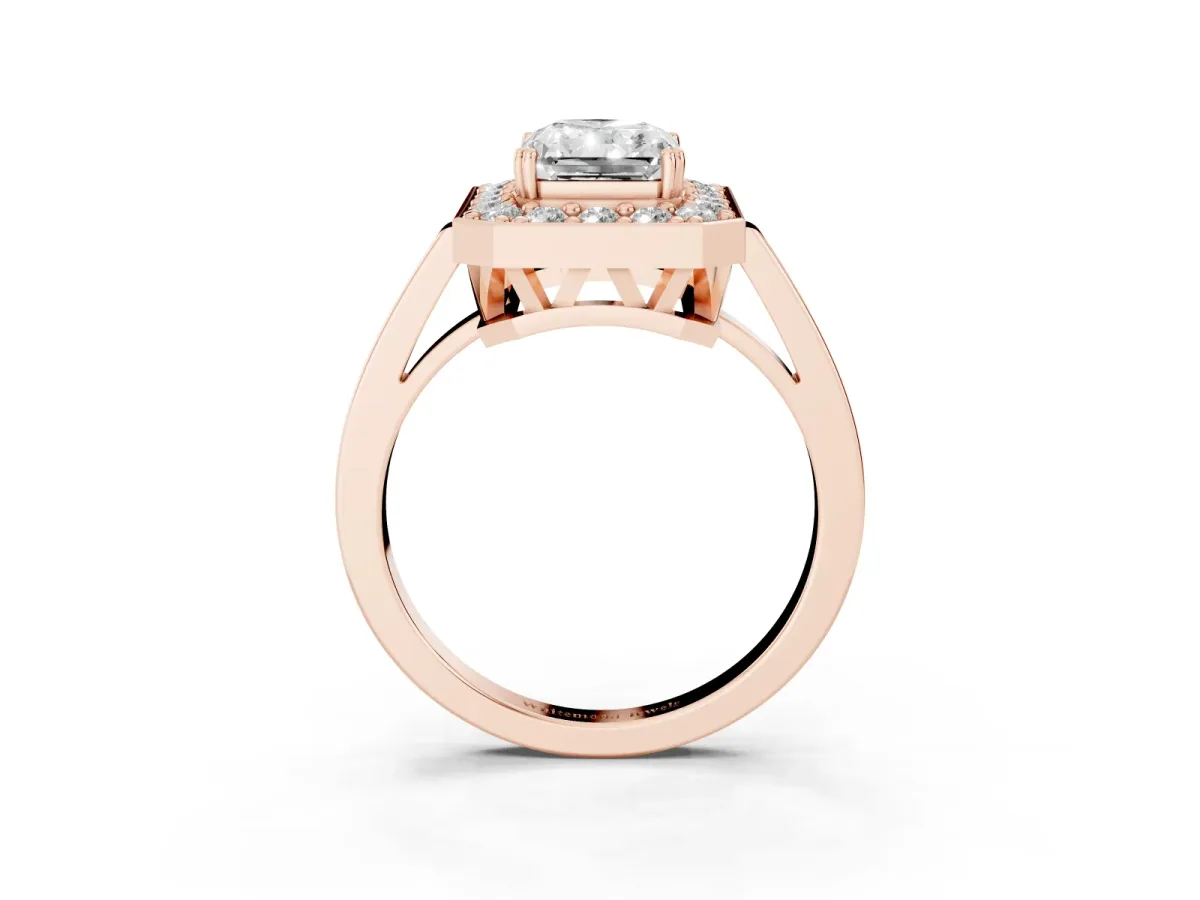 Radiant Cut Diamond Halo Ring with Split Shank and Four-Prong Setting Rose gold
