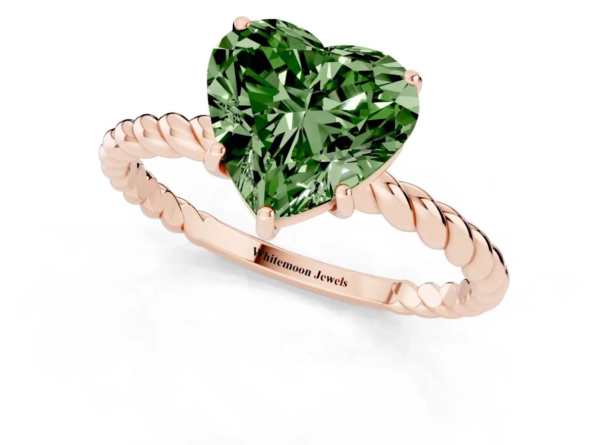 Fancy Green Heart Cut Solitaire Twist Band Ring with Four-Prong Setting Rose gold