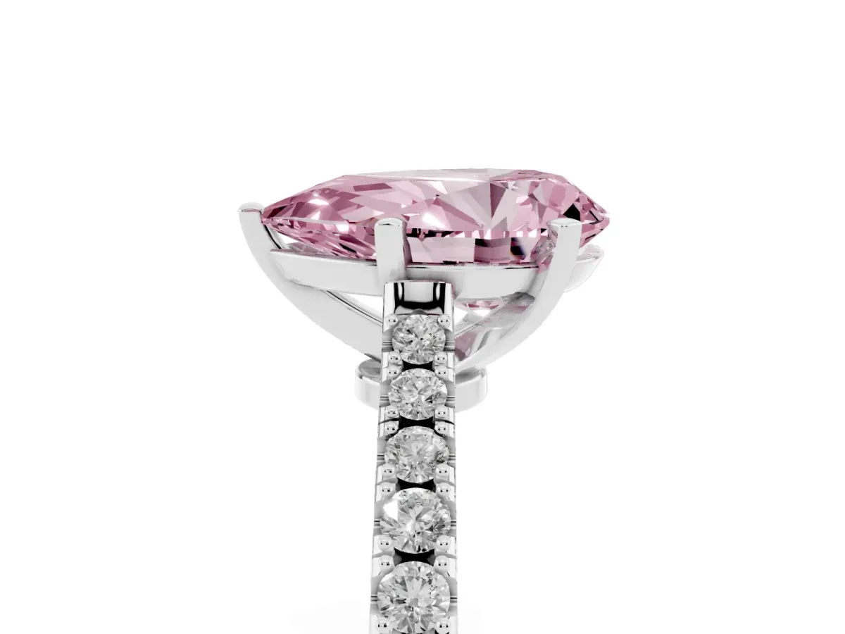 Fancy Pink Pear Cut Cut Solitaire Diamond Engagement Ring with Pave Band and Four-Prong Setting Platinum