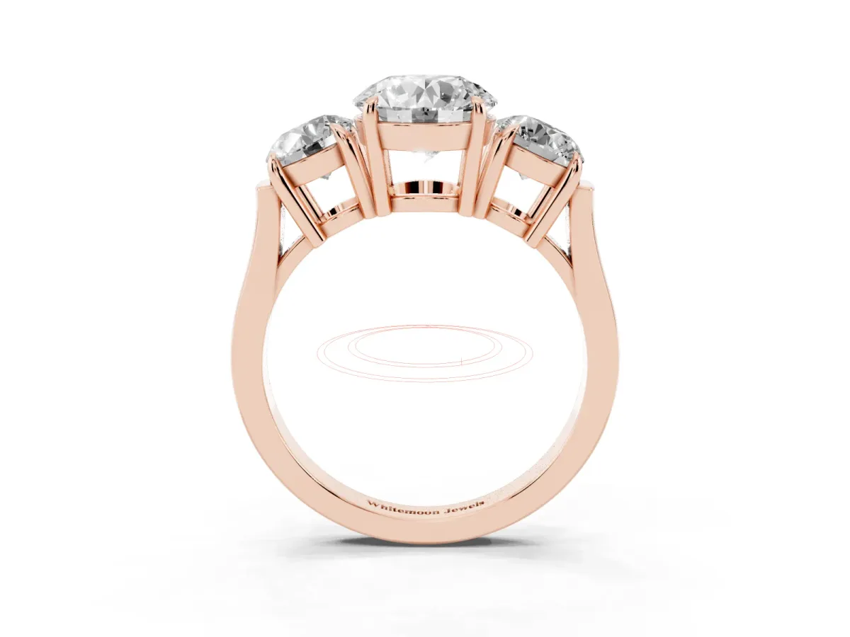 Three-Stone Round Cut Cut Diamond Ring with Round Accent Stones, Prong Setting, and Classic Band Rose gold