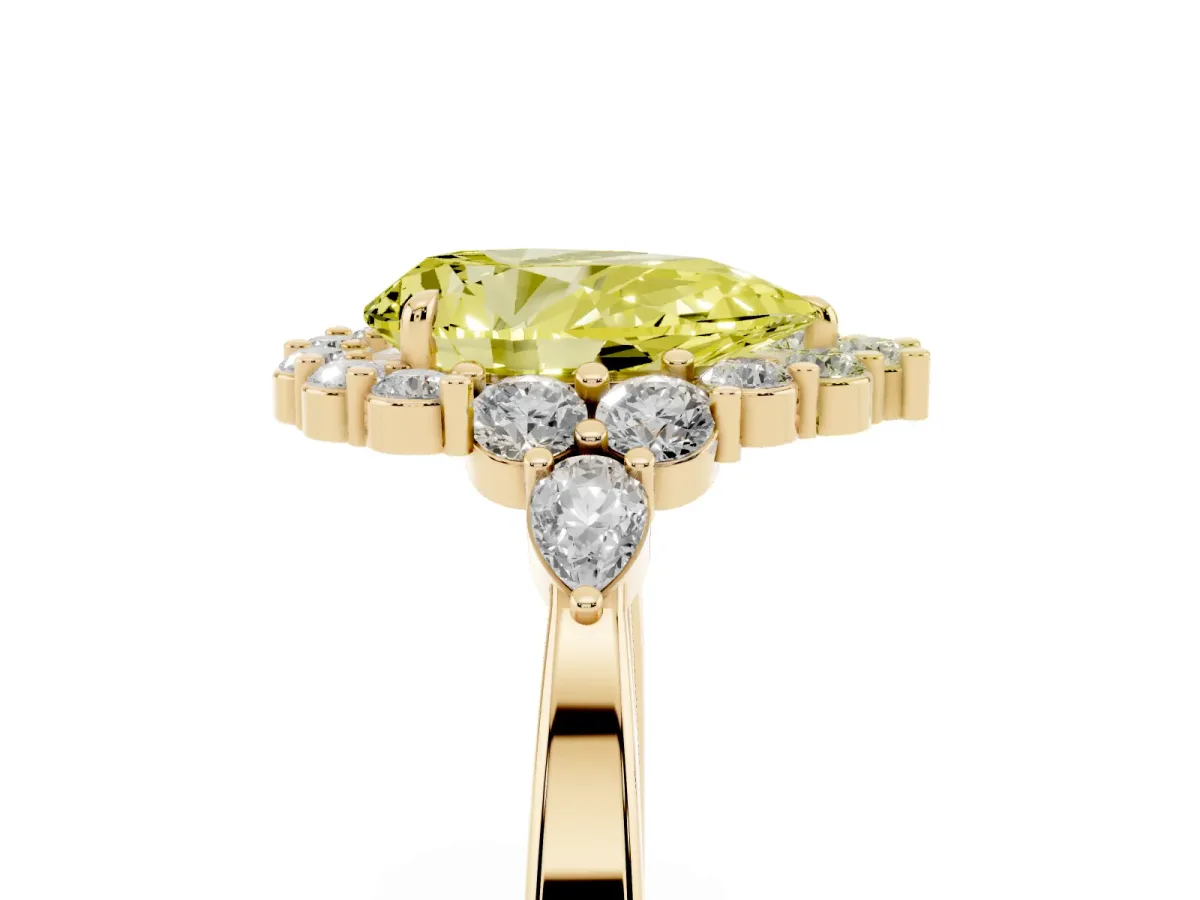 Fancy Yellow Pear Cut Diamond Halo Ring with Pear Side Stones and Prong Setting Yellow gold