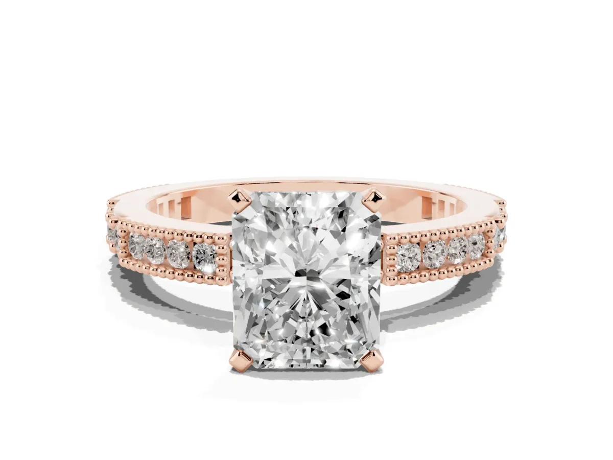 Radiant Cut Solitaire with Pavé Band and Four-Prong Setting Rose gold