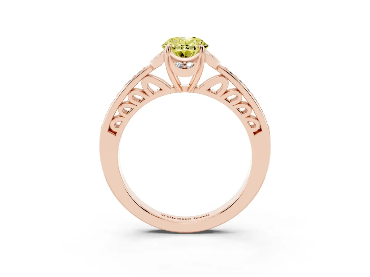 Fancy Yellow Oval Cut Cut Halo Diamond Ring with Channel Set Band and Four-Prong Setting Rose gold