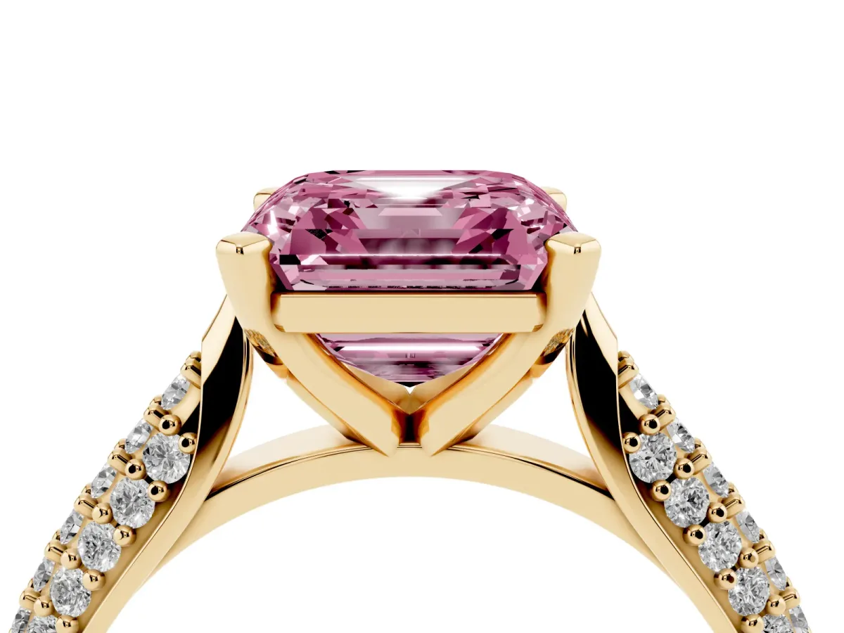 Fancy Pink Asscher Cut Diamond Solitaire Engagement Ring with Multi-Row Round Pavé Band and Prong Setting Yellow gold