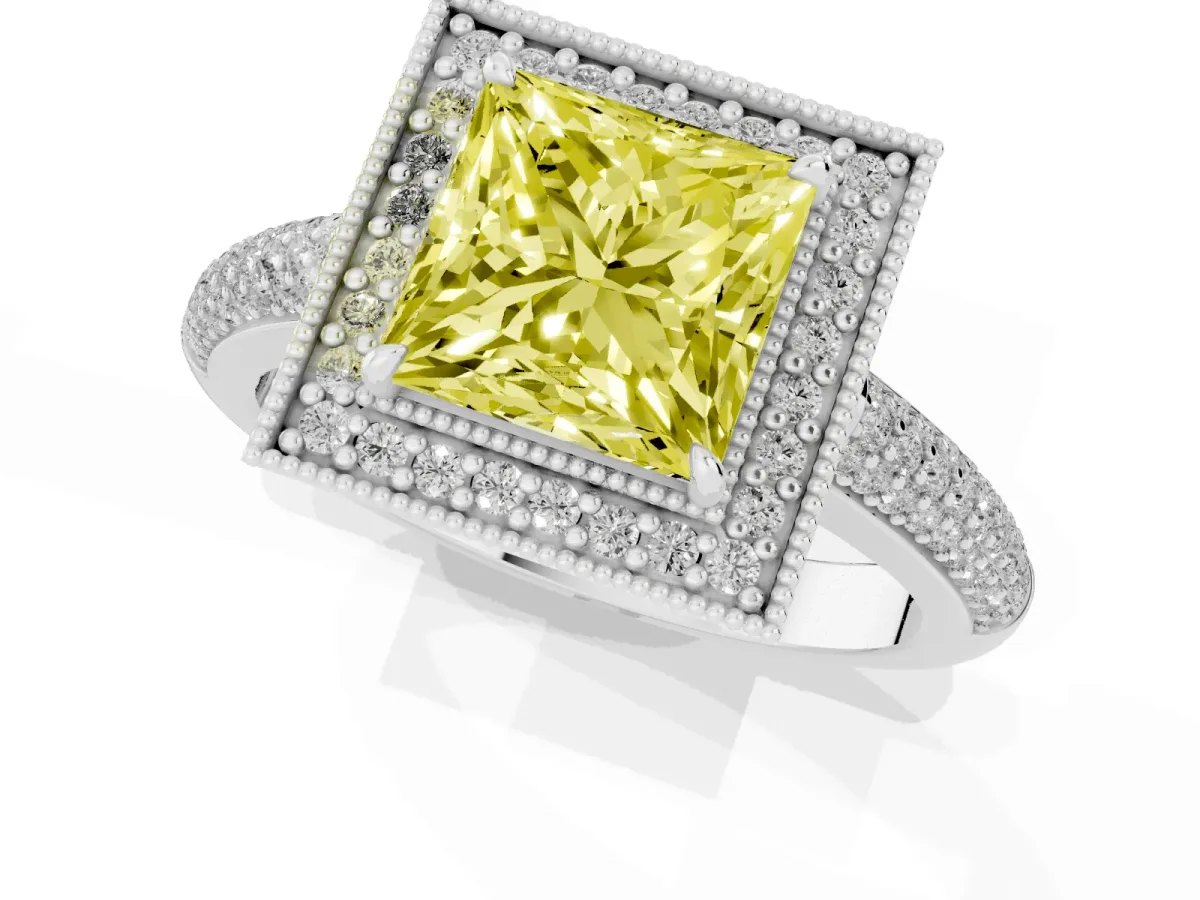 Fancy Yellow Princess Cut Cut Halo Diamond Pave Band with Four-Prong Setting Silver