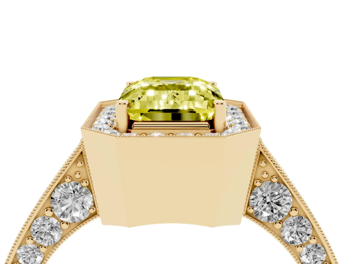 Fancy Yellow Emerald Cut Halo Diamond Engagement Ring with Split Shank Band and Four-Prong Setting Yellow gold