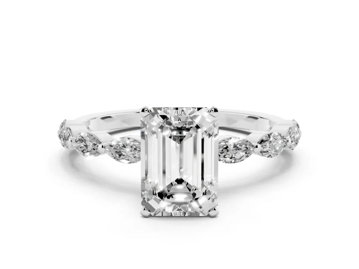 Emerald Cut Diamond Ring with Marquise Side Stones and Prong Setting Platinum