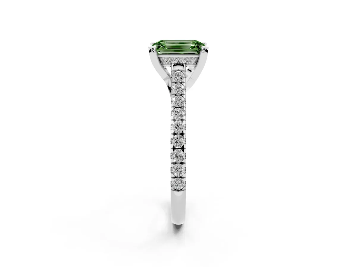 Fancy Green Emerald Cut Brilliant Diamond Solitaire with Pavé Band and Four-Prong Setting Platinum
