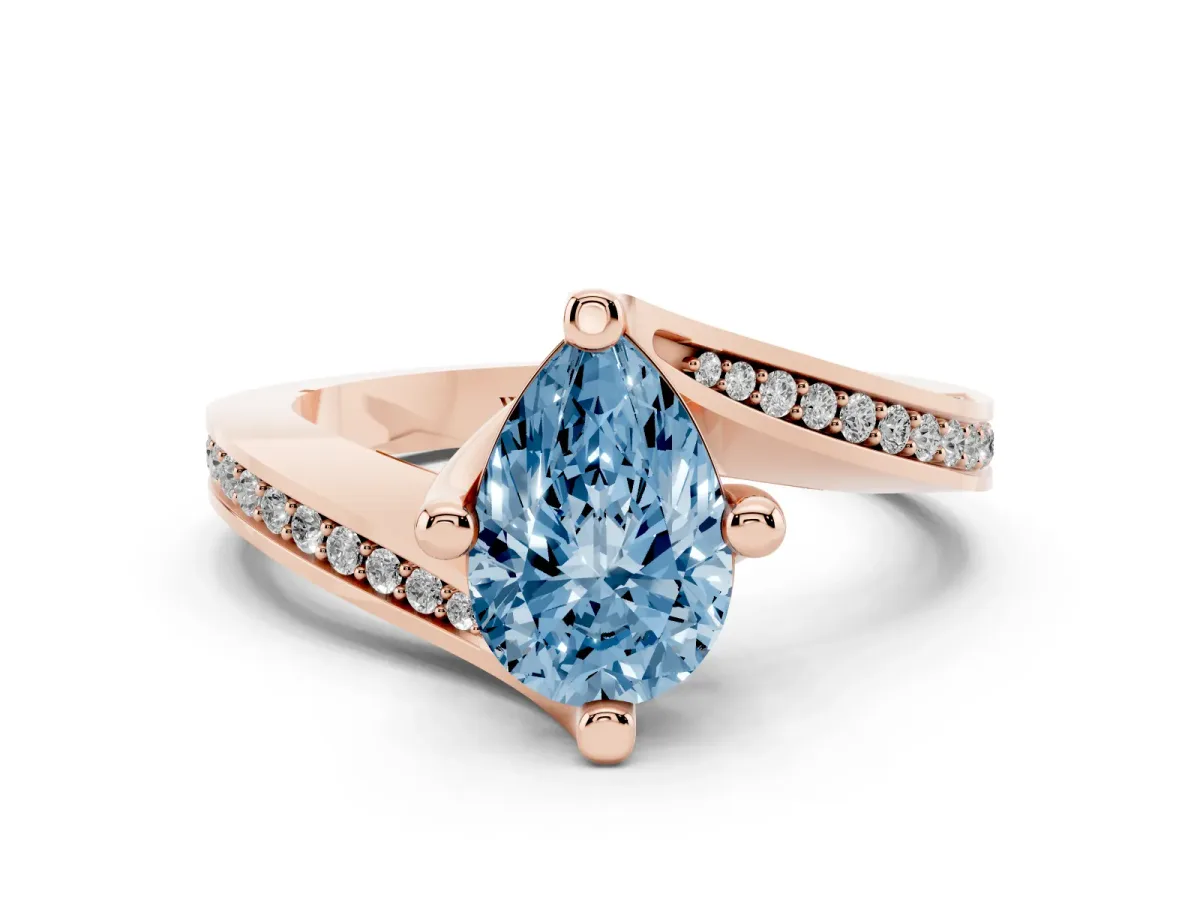 Fancy Blue Pear Cut Solitaire Diamond Twist Band with Pavé Setting and Four-Prong Setting Rose gold