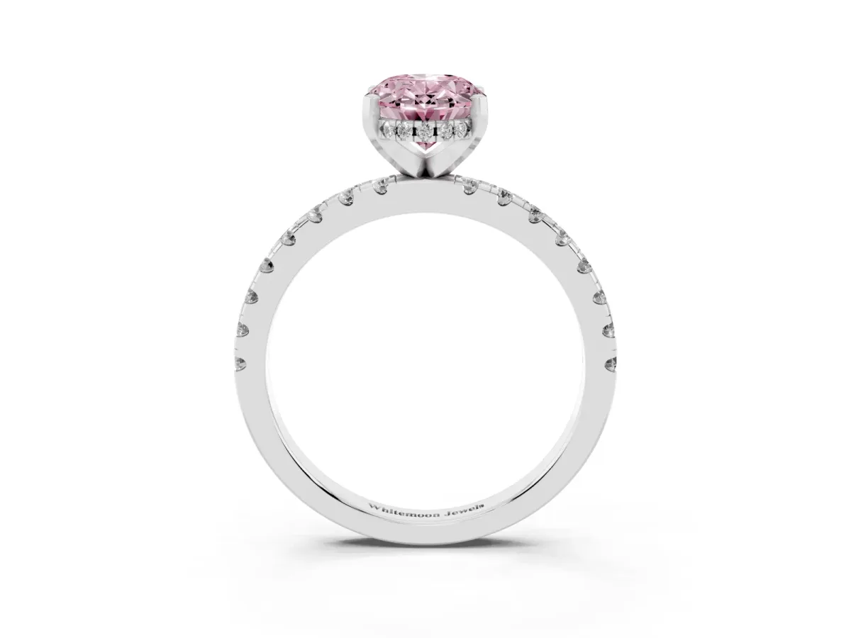 Fancy Pink Oval Cut Diamond Solitaire Ring with Round Pavé Band and Four-Prong Setting Silver