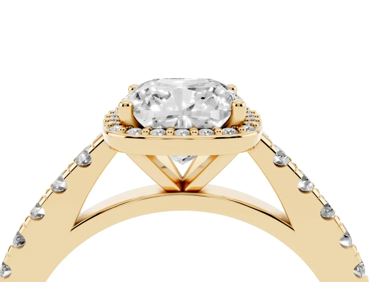 Cushion Cut Cut Halo Diamond Engagement Ring with Pave Band and Four-Prong Setting Yellow gold