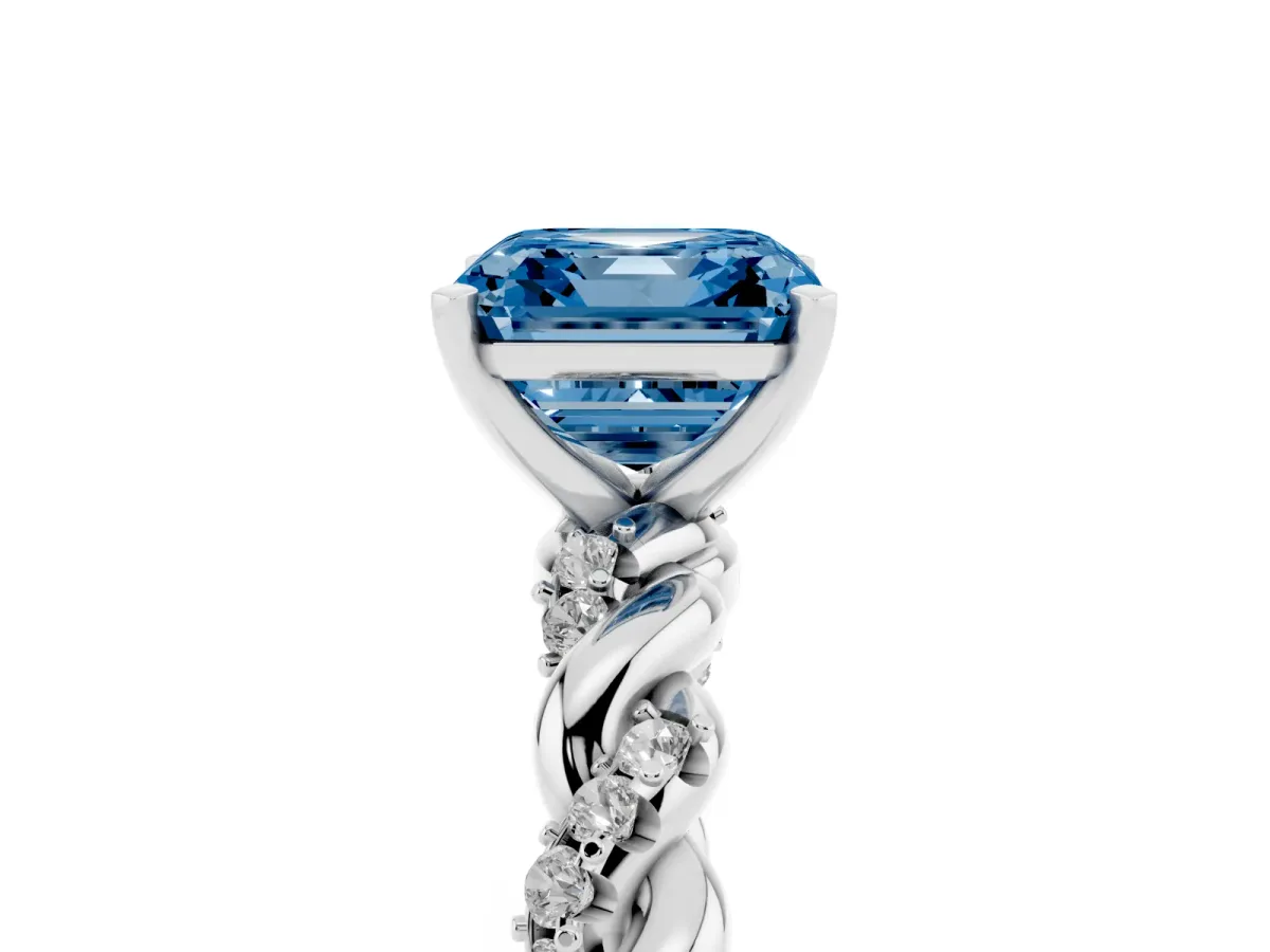 Fancy Blue Asscher Cut Diamond Solitaire Ring with Twisted Band and Pavé Accents White gold