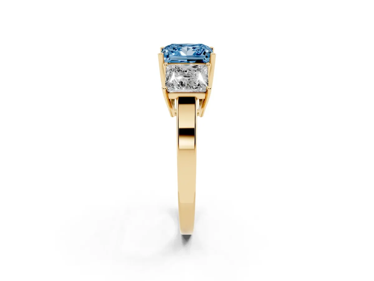 Fancy Blue Three-Stone Princess Cut Cut Diamond Engagement Ring with Flat Band and Four-Prong Setting Yellow gold