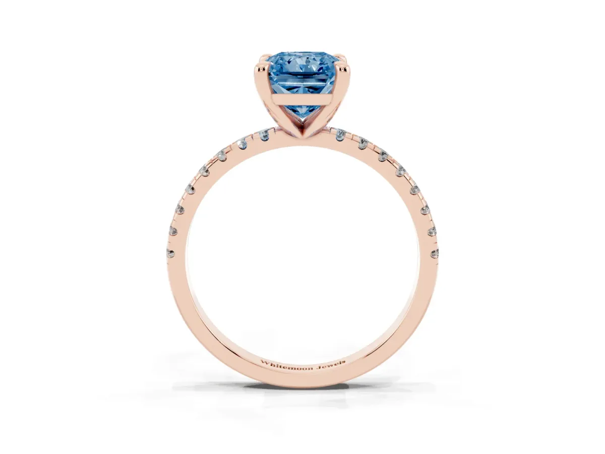 Fancy Blue Radiant Cut Diamond Brilliant Solitaire Ring with Pavé Band and Four-Prong Setting Rose gold