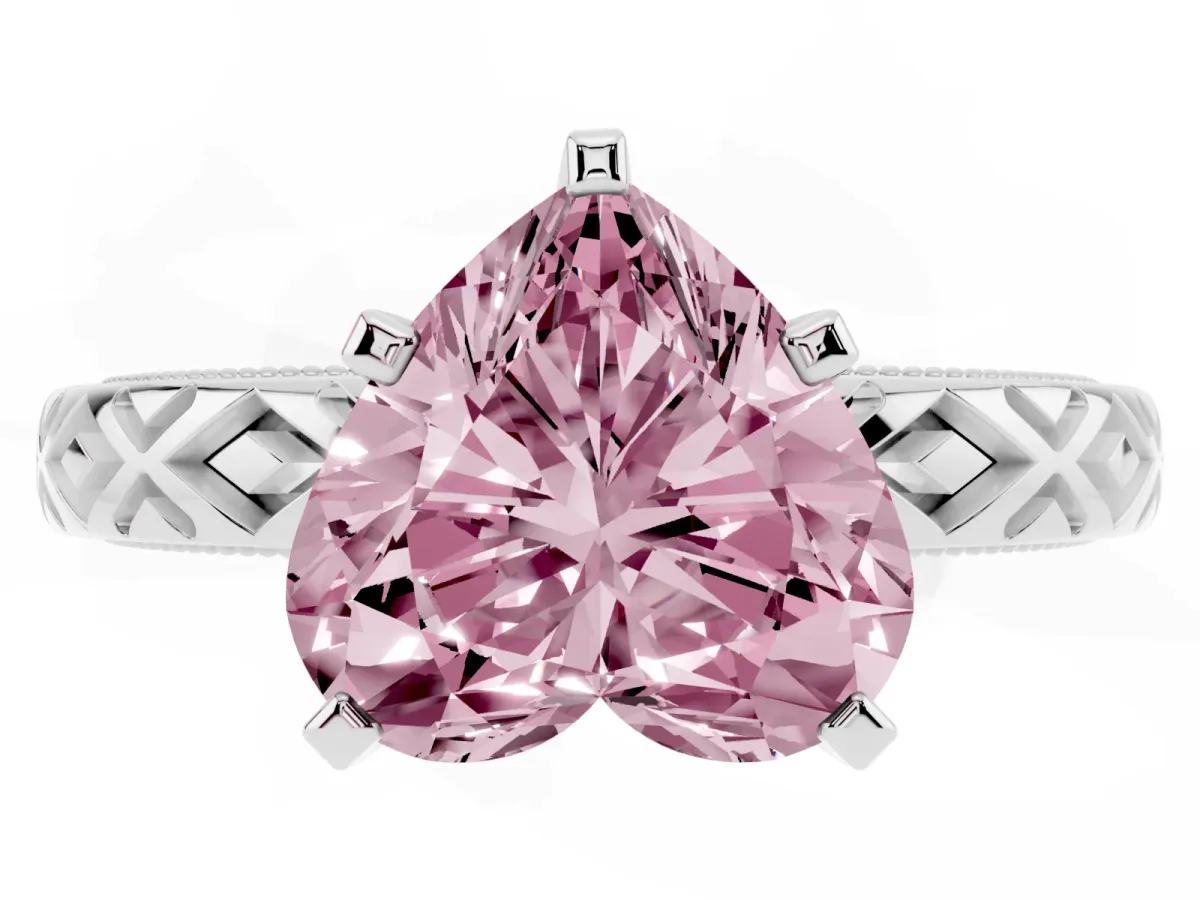 Fancy Pink Heart Cut Solitaire Diamond Ring with Milgrain and Black Enamel X Pattern Band Silver
