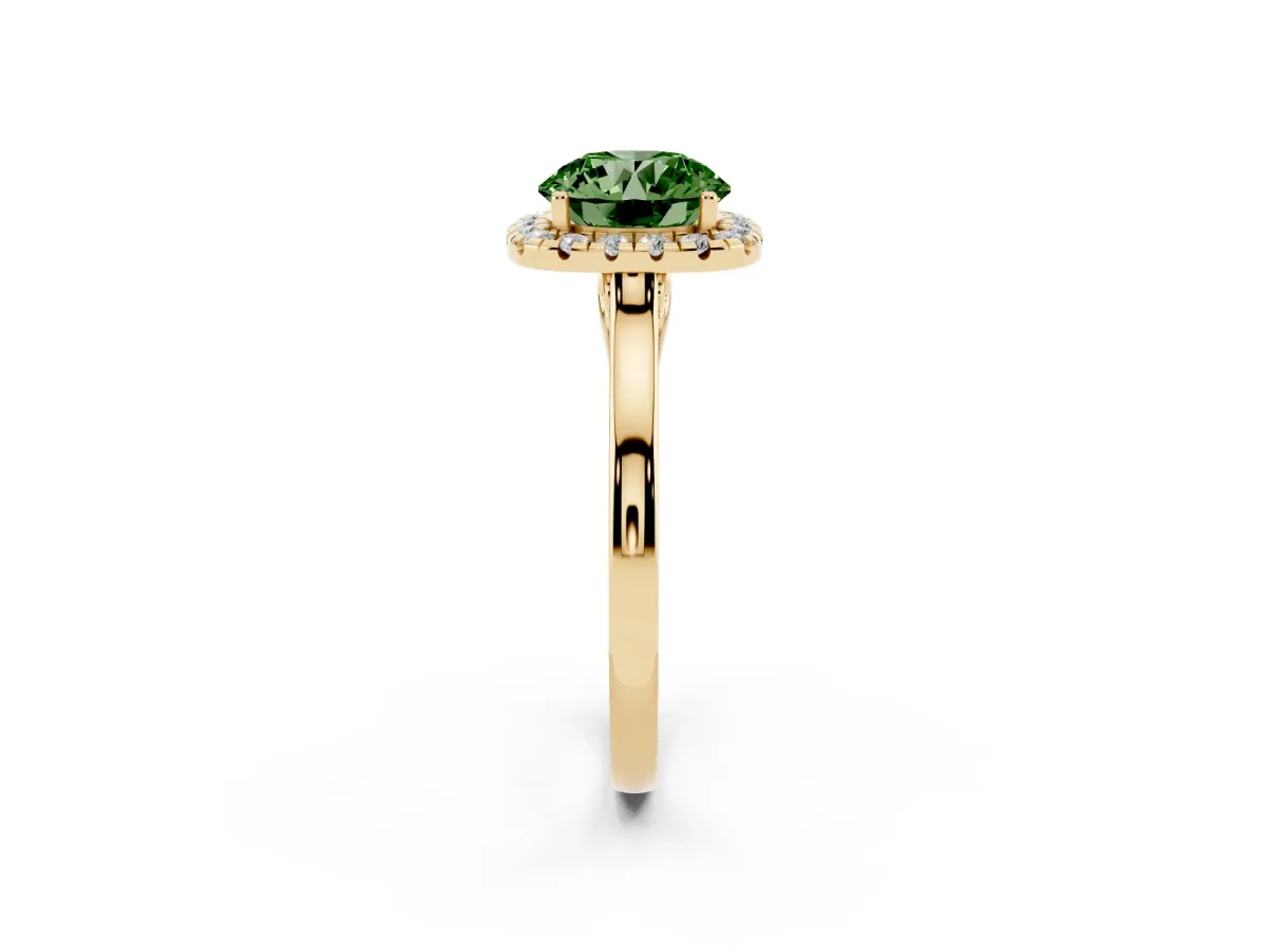 Fancy Green Round Cut Halo Round Diamond Solitaire Ring with Pavé Band and Four-Prong Setting Yellow gold