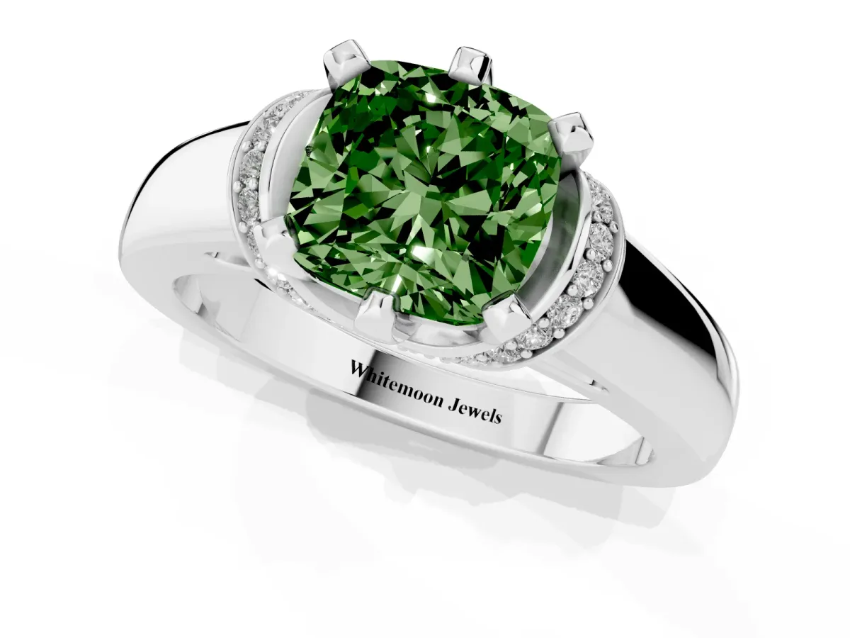 Fancy Green Cushion Cut Solitaire Diamond Ring with Pave Band and Six-Prong Setting Platinum