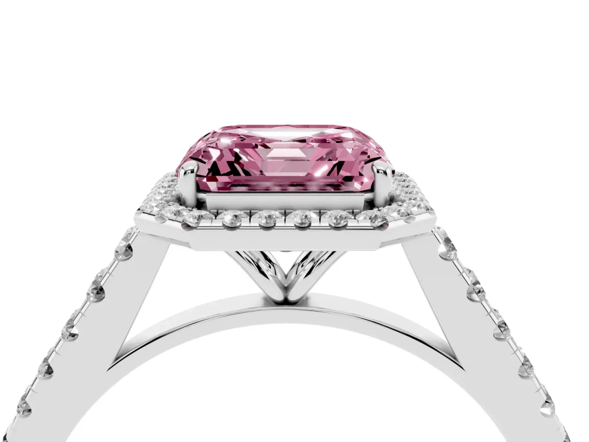 Fancy Pink Asscher Cut Halo Pave Diamond Engagement Ring with Four-Prong Setting White gold