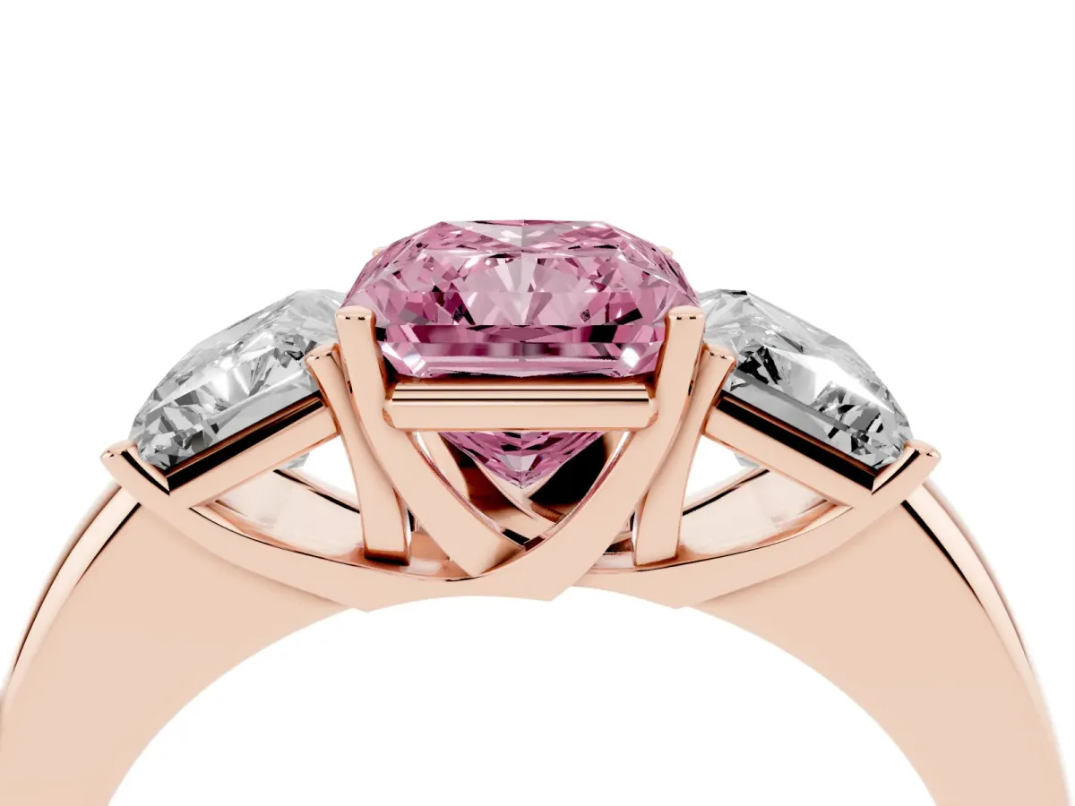 Fancy Pink Radiant Cut Diamond Three-Stone Ring with Four-Prong Setting and Classic Band Rose gold