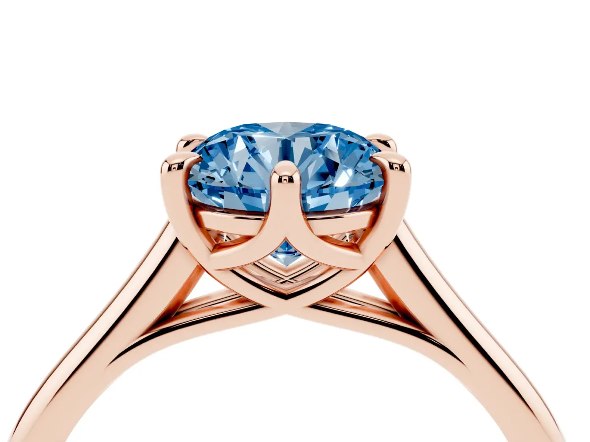 Fancy Blue Round Cut Solitaire Engagement Ring with Six-Prong Setting and Classic Band Rose gold