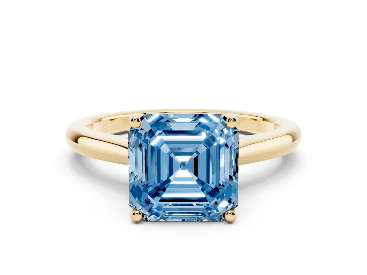 Fancy Blue Asscher Cut Cut Solitaire Ring with Cathedral Band and Four-Prong Setting Yellow gold