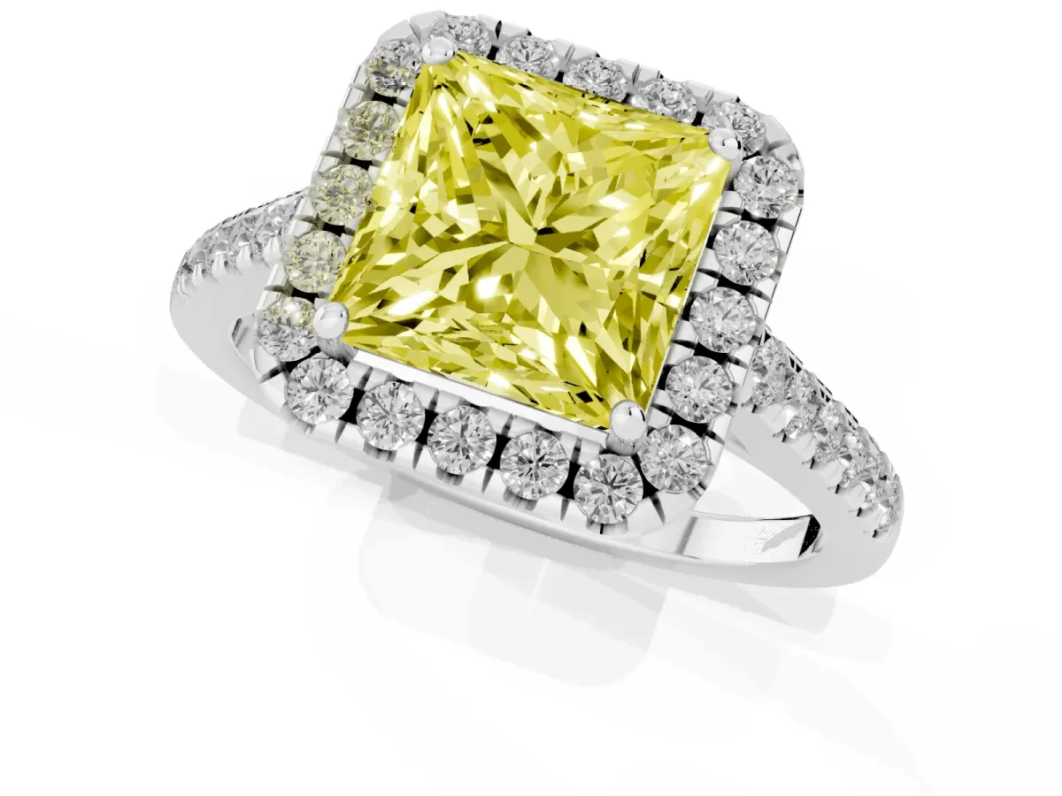 Fancy Yellow Princess Cut Halo Pave Diamond Engagement Ring with Four-Prong Setting Platinum