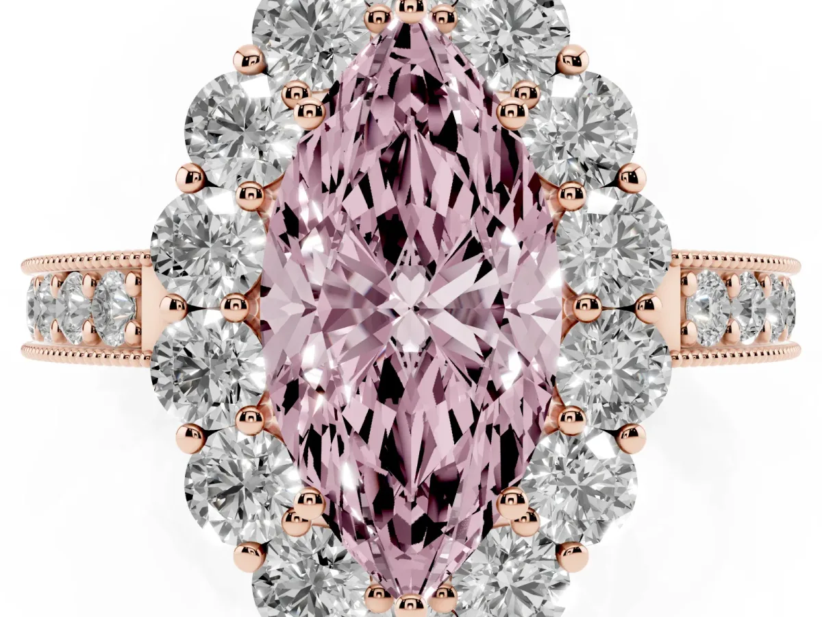 Fancy Pink Marquise Cut Cut Halo Diamond Pavé Engagement Ring with Milgrain Detailing Rose gold