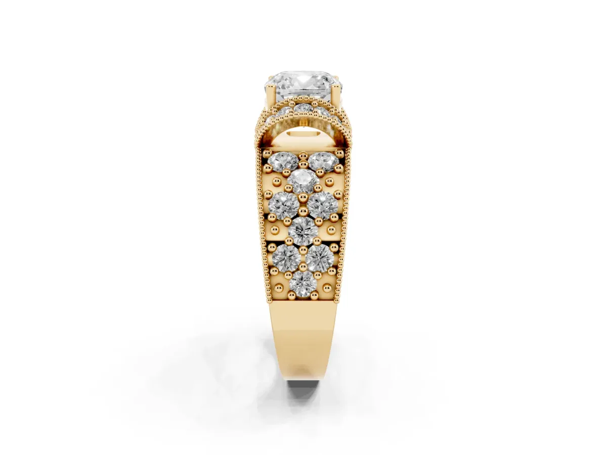Cushion Cut Halo Pave Diamond Engagement Ring with Milgrain Detailing Yellow gold