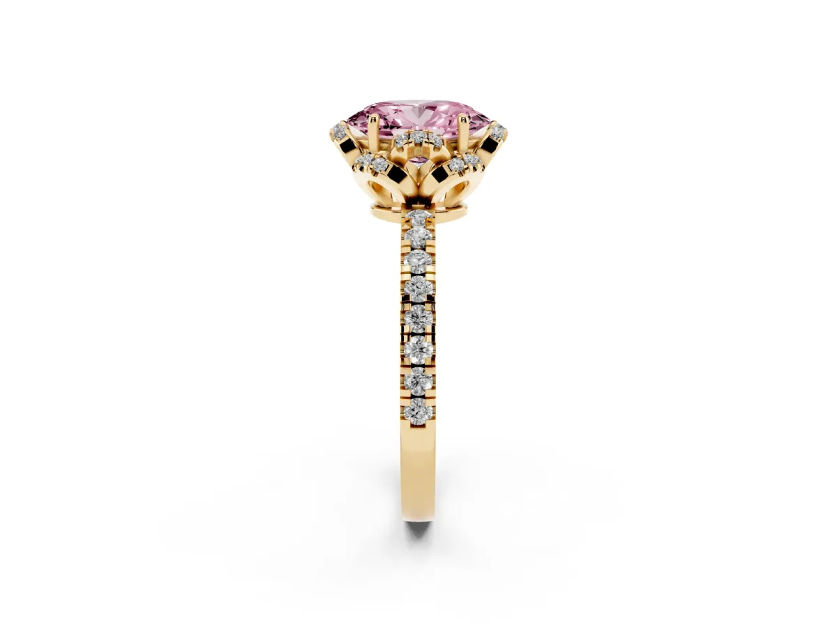 Fancy Pink Oval Cut Diamond Halo Pave Band with Four-Prong Setting Yellow gold