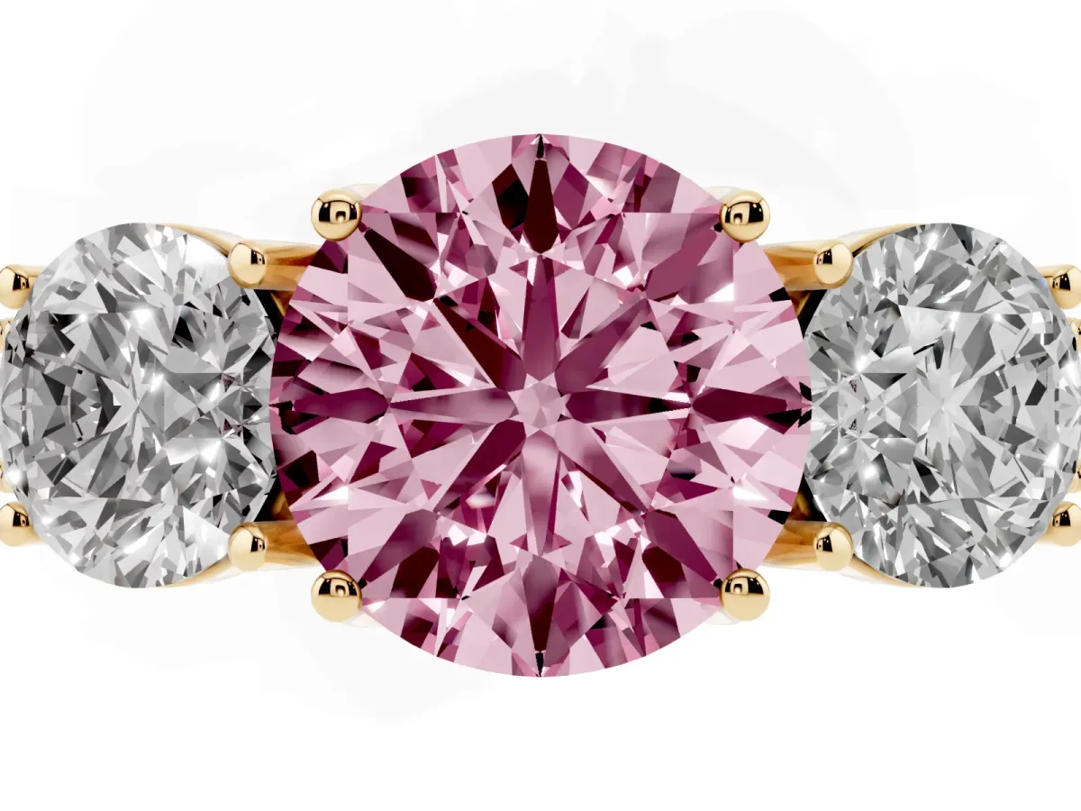 Fancy Pink Three-Stone Round Cut Cut Milgrain Pavé Engagement Ring Yellow gold