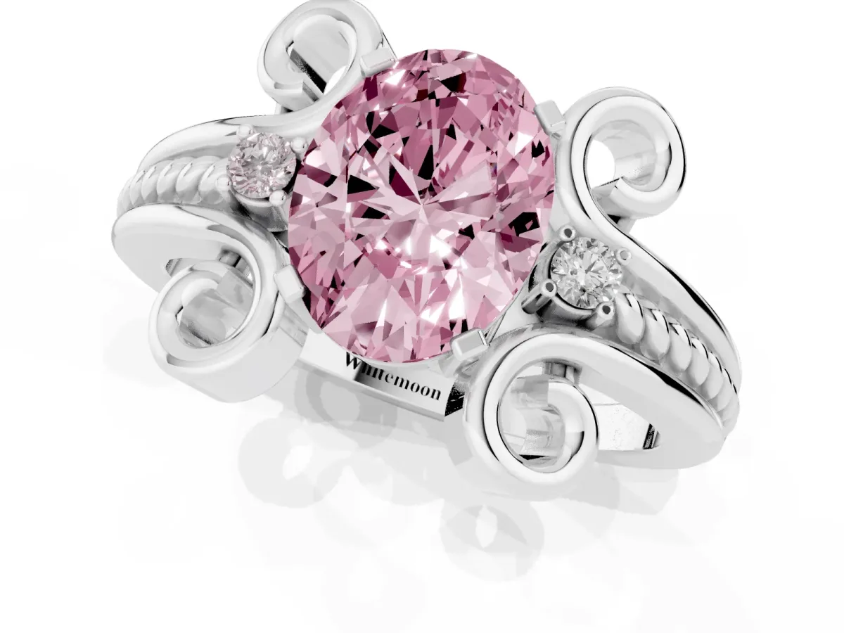 Fancy Pink Oval Cut Solitaire Twisted Band Scroll Prong Ring White gold