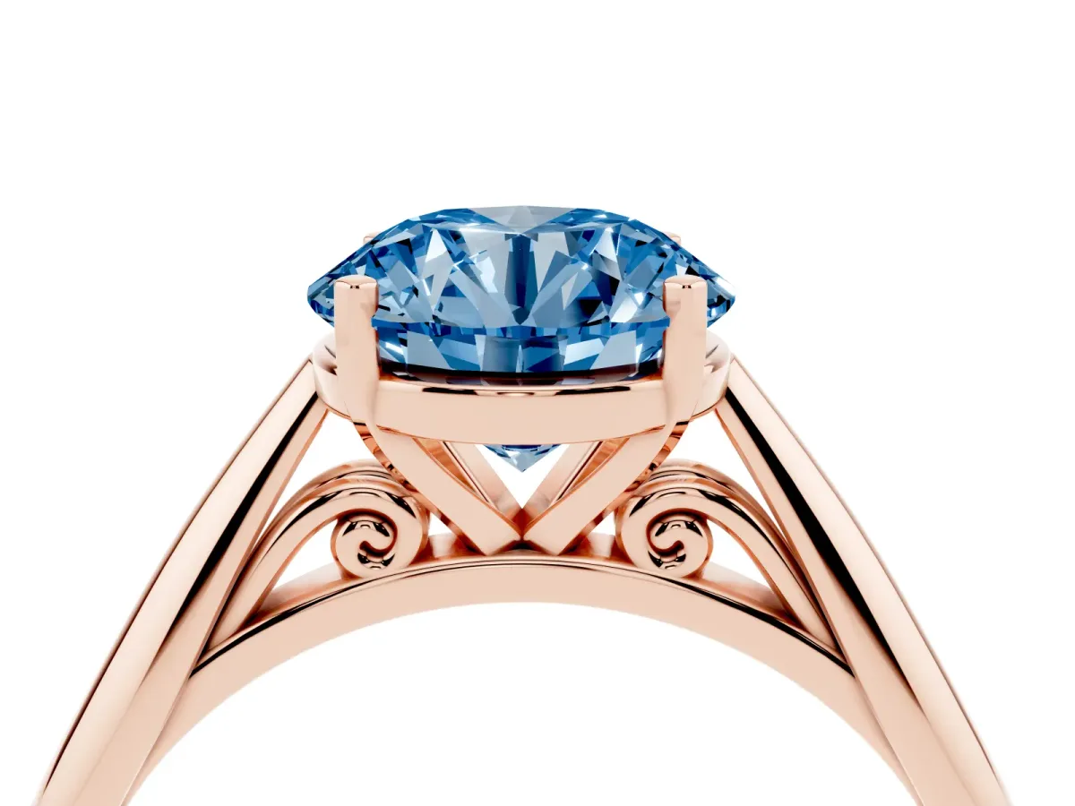 Fancy Blue Round Cut Diamond Solitaire Engagement Ring with Cathedral Setting and Four-Prong Mount Rose gold