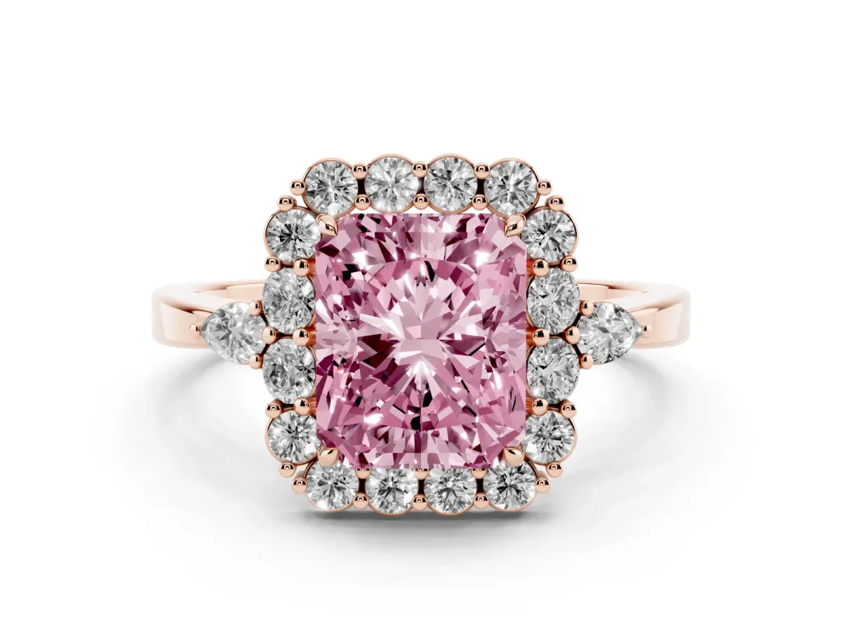 Fancy Pink Radiant Cut Diamond Halo Ring with Pear Side Stones and Prong Setting Rose gold