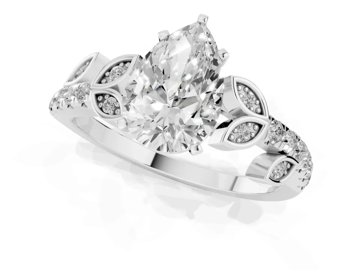 Pear Cut Solitaire Leaf-Inspired Diamond Ring with Pavé Band and Four-Prong Setting Silver