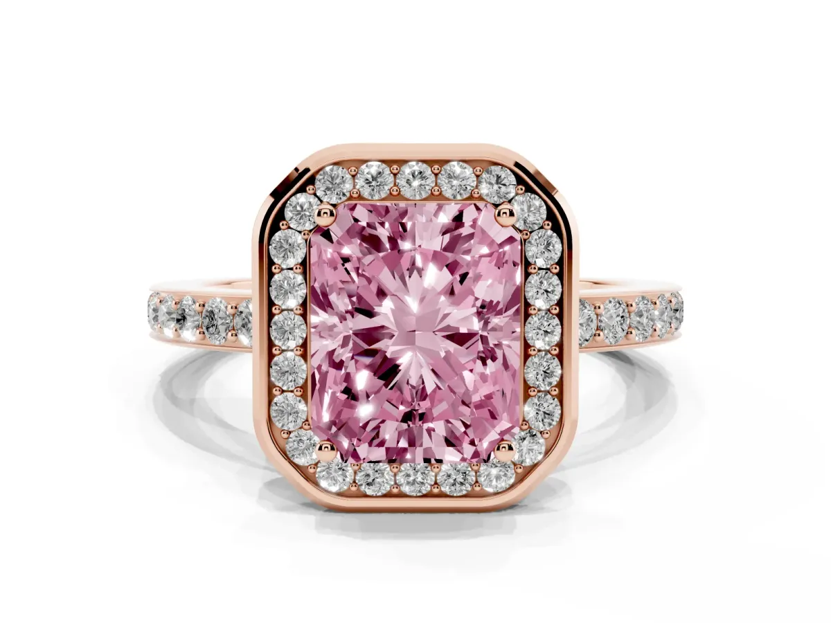 Fancy Pink Radiant Cut Diamond Halo Ring with Bezel Frame and Pavé Band Rose gold