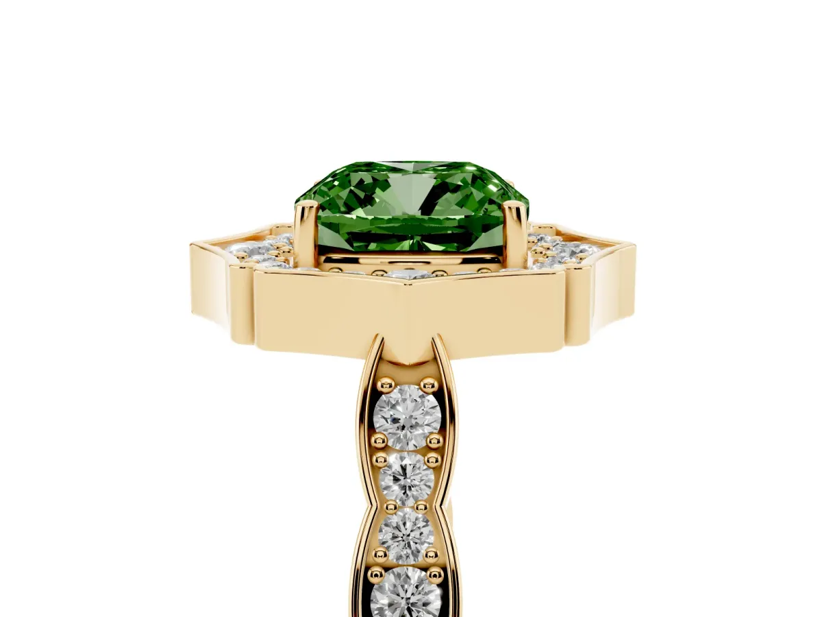 Fancy Green Cushion Cut Halo Diamond Engagement Ring with Milgrain Band and Four-Prong Setting Yellow gold
