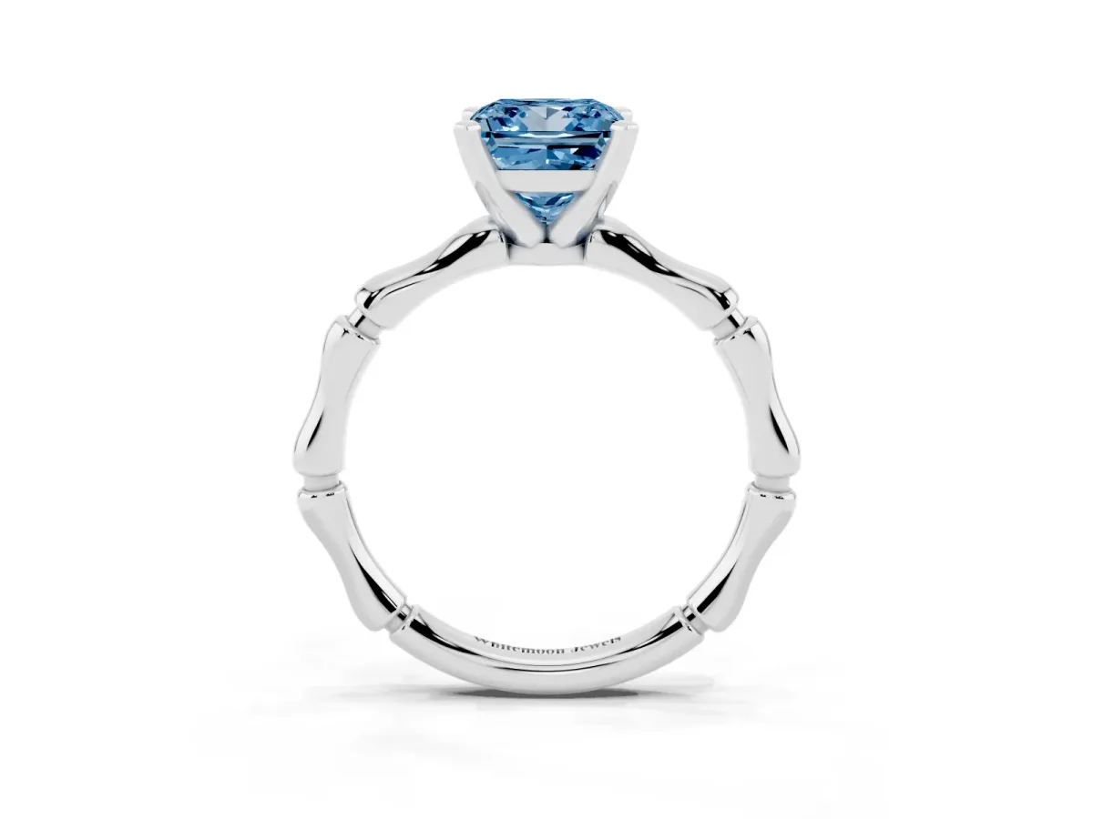 Fancy Blue Princess Cut Solitaire Diamond Ring with Bamboo Band and Four-Prong Setting Silver