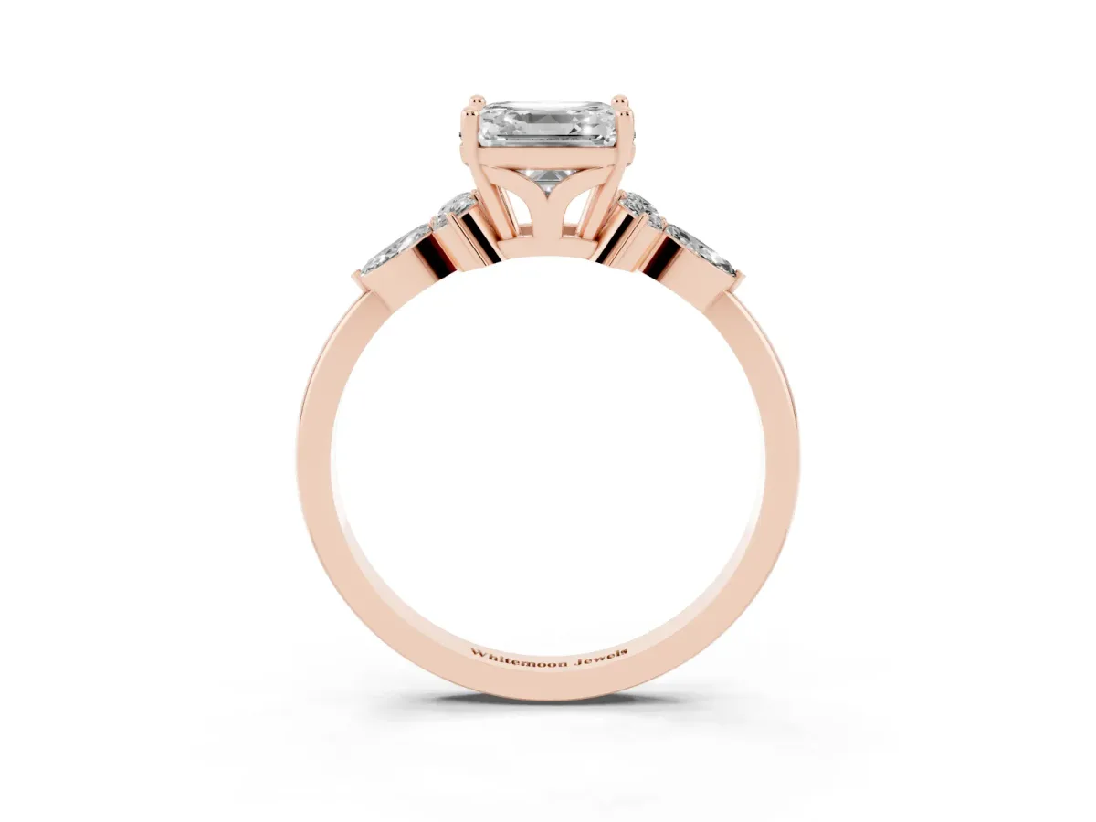 Asscher Cut Brilliant Diamond Solitaire Ring with Pear Side Stones and Four-Prong Setting Rose gold