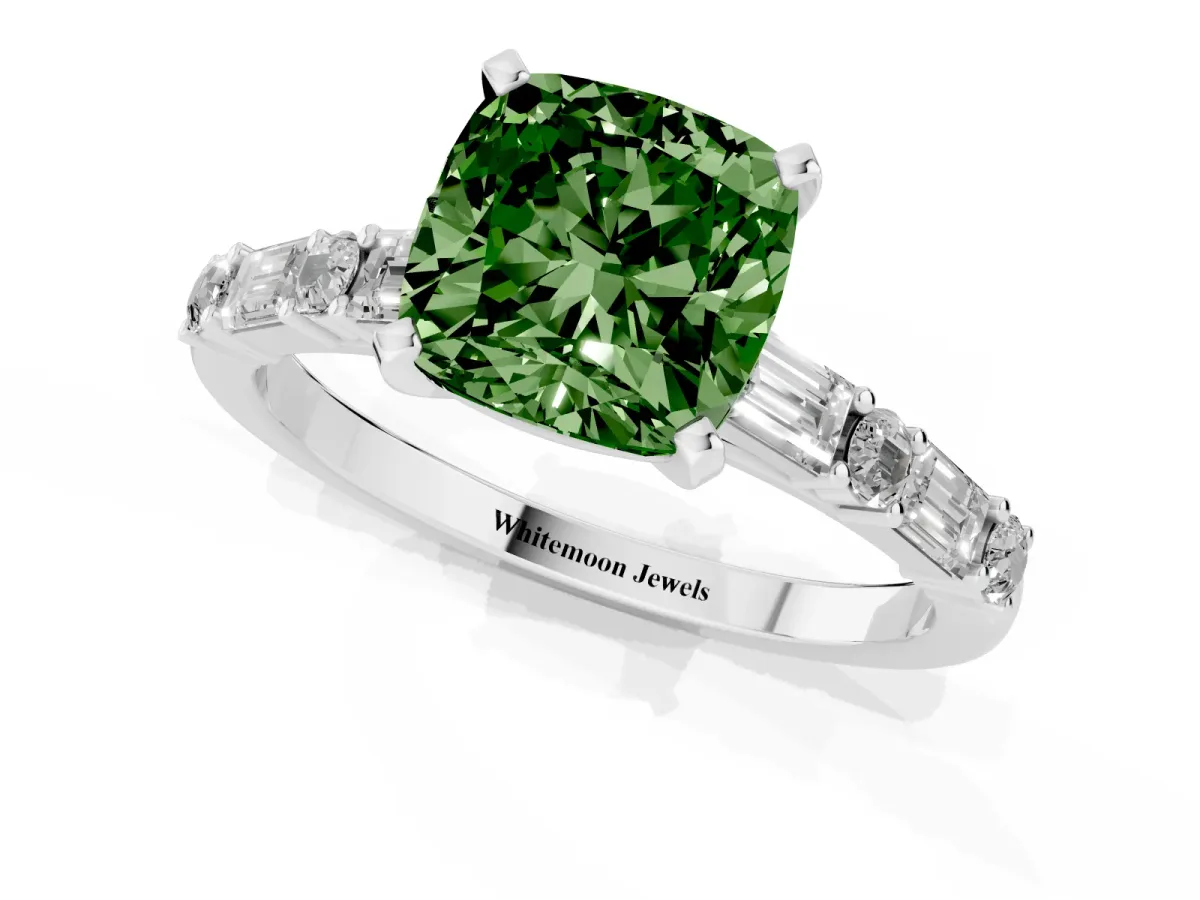 Fancy Green Cushion Cut Diamond Solitaire with Side Baguettes and Channel Set Band Silver